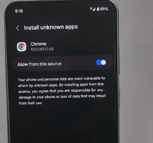 Android security settings showing permission to install the Mega888 APK from a browser