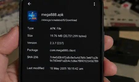 Mega888 APK file details with version, file size and SHA-256 checksum visible