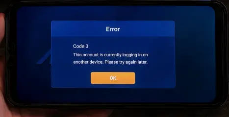 Mega888 Code 3 error message indicating an active session on another device