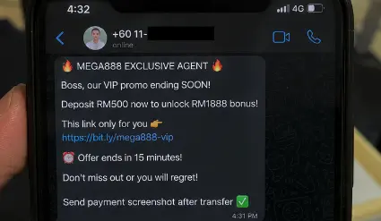 Redacted fake Mega888 agent message using urgency and requesting a payment