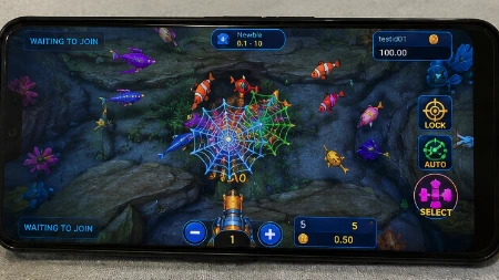 Mega888 fish shooting game screen showing weapon level, credit cost and target controls