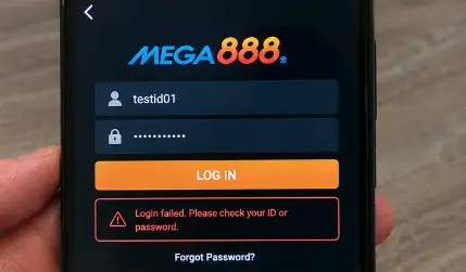 Mega888 login failed message displayed on an Android phone
