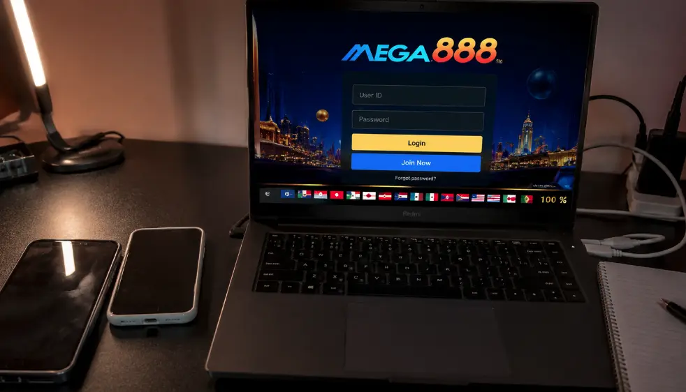Mega888 login screen with the user ID and password fields empty