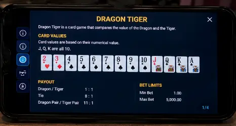 Mega888 table game rules screen showing bet limits and payout information