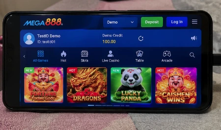Mega888 Test ID demo screen showing demo credit and game navigation