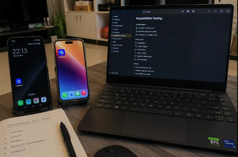 Mega888Go testing workspace with Android phone, iPhone and Windows laptop