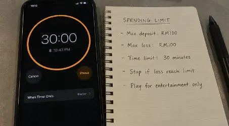 Phone timer and written spending limit prepared before a gaming session